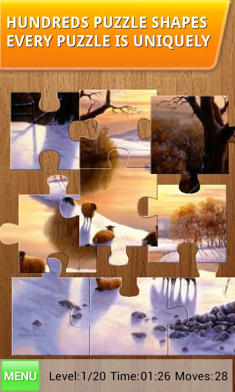 Pure Jigsaw Puzzles gameplay with puzzle pieces on a wooden table