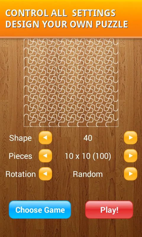 Puzzle settings screen with shape, pieces and rotation options