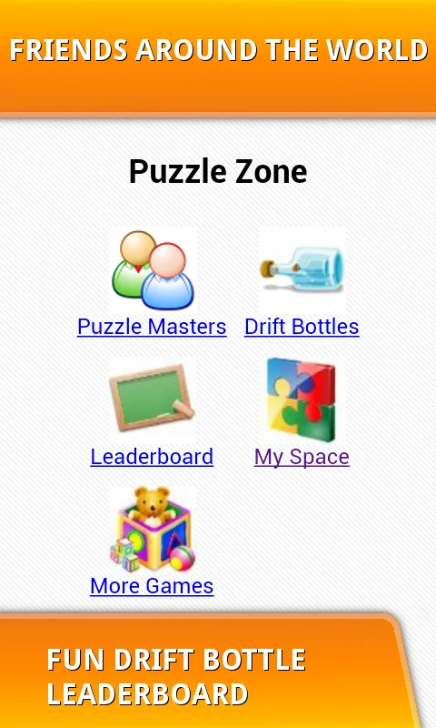 Puzzle Zone screen with Puzzle Masters, Drift Bottles and Leaderboard